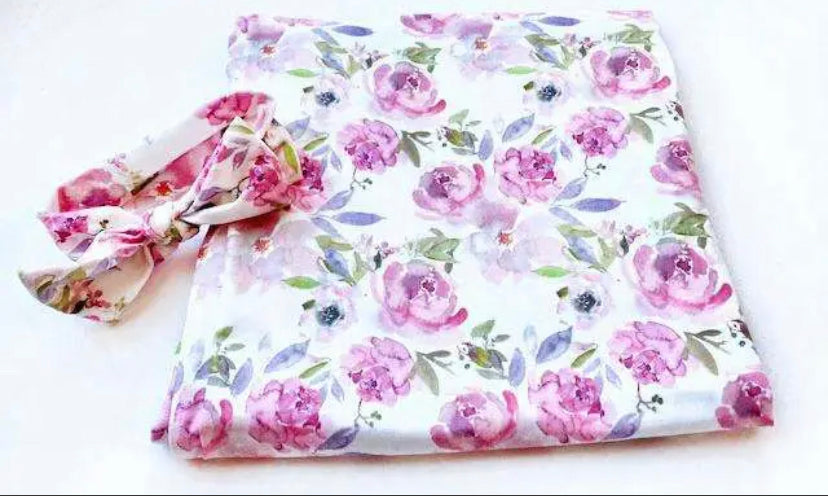Violet Blossom Bamboo swaddle set~ matching headband
