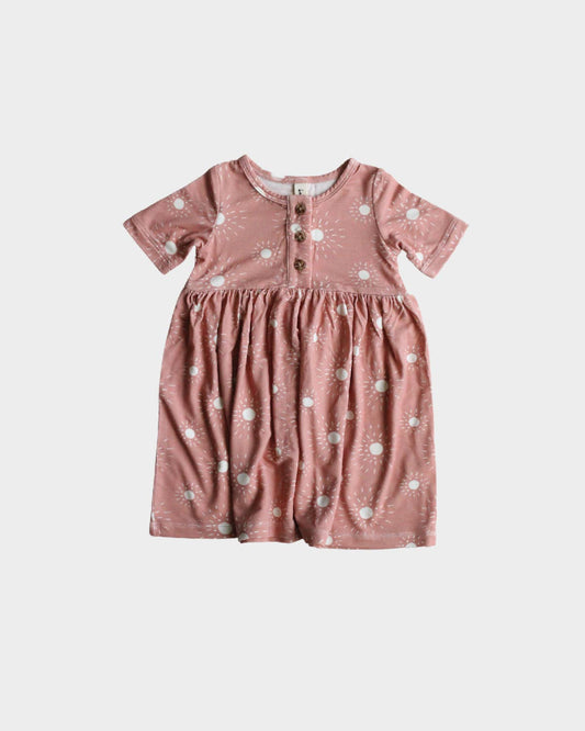 Girl's Bamboo Short sleeve Henley Dress in Rose Sunburst