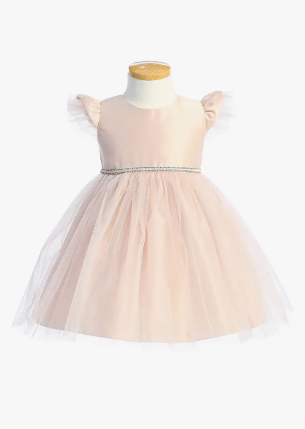 Satin with Shiny Crystal Tulle & Flutter Sleeve