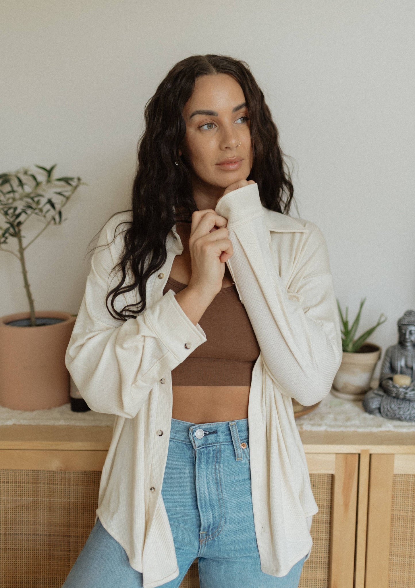 Ladies Ribbed Boyfriend Button Up