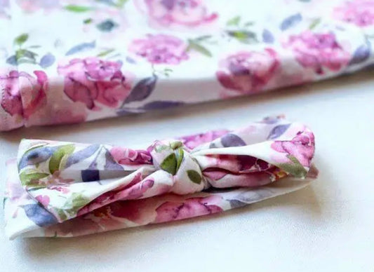 Violet Blossom Bamboo swaddle set~ matching headband
